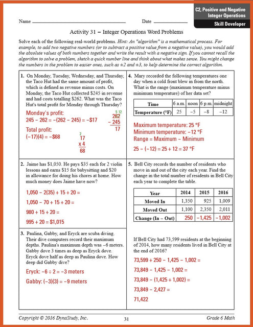 1 of 4 sample answer key pages from DynaNotes Grade 6 Math Review & Intervention Program for STAAR Eligible TEKS