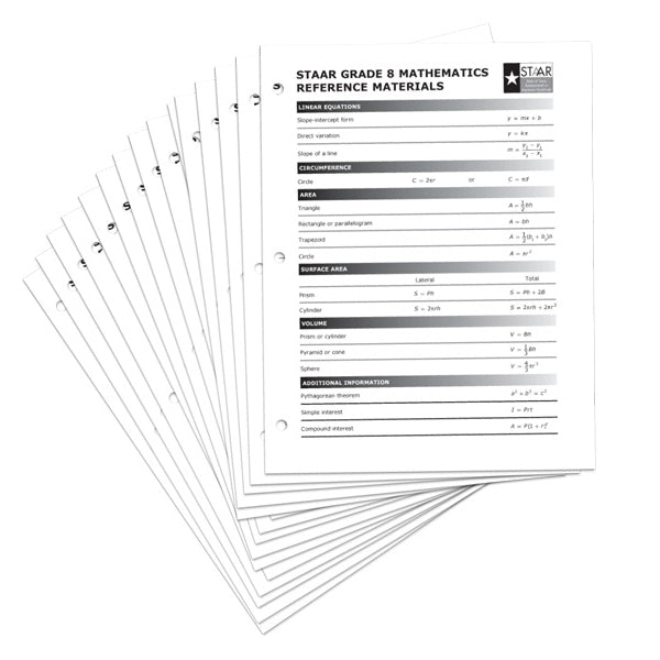 TEA Grade 8 Math Reference Chart 30-Pack